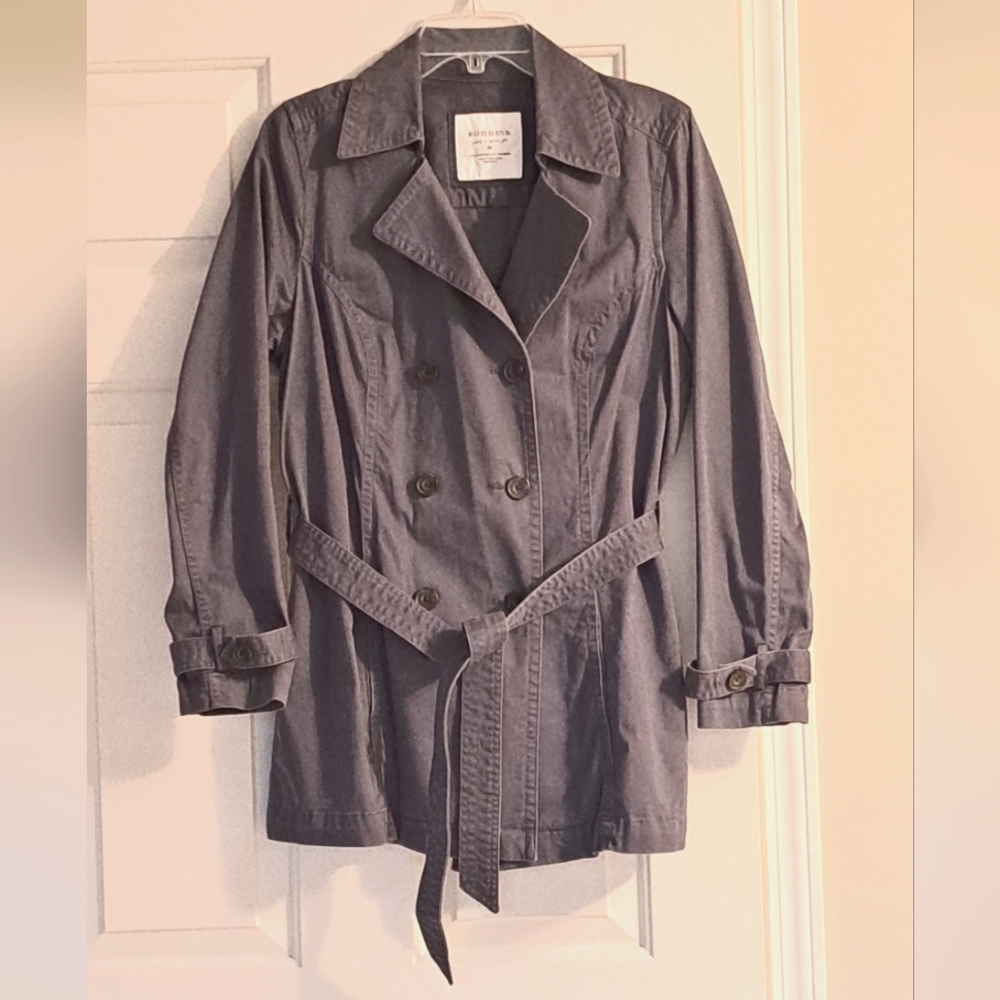 Sonoma trench coat slate blue belted button cotton hip length coat.  Sz M.